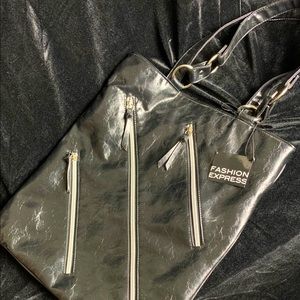 Black Simulated Leather Zipper Tote